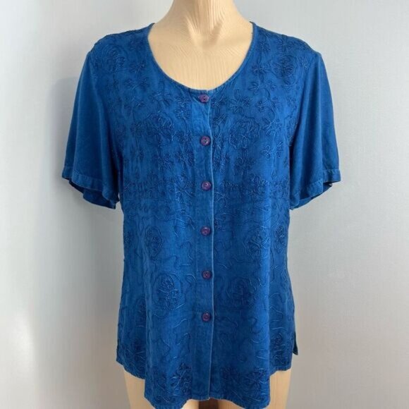 Vintage Women Medium Blue Embroidered Button Down Short Sleeve Shirt Top Peasant - Picture 1 of 13